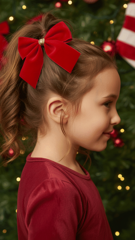 30 Cute Christmas Hairstyles for Girls Perfect for Holiday Parties 1 Classic Christmas Bow Ponytail
