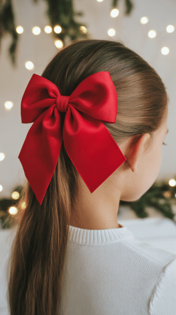 25 Adorable Christmas Hairstyles for Kids That Spark Holiday Joy 1 Classic Christmas Bow Ponytail