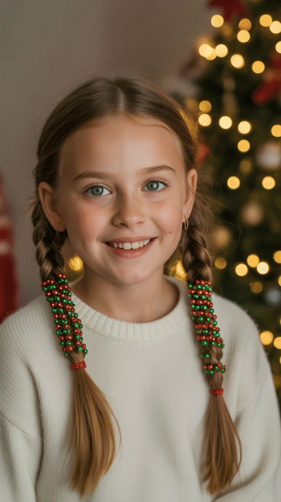 28 Fun Christmas Hairstyles for Kids with Beads Full of Holiday Spirit 1 Classic Christmas Braids with Red and Green Beads