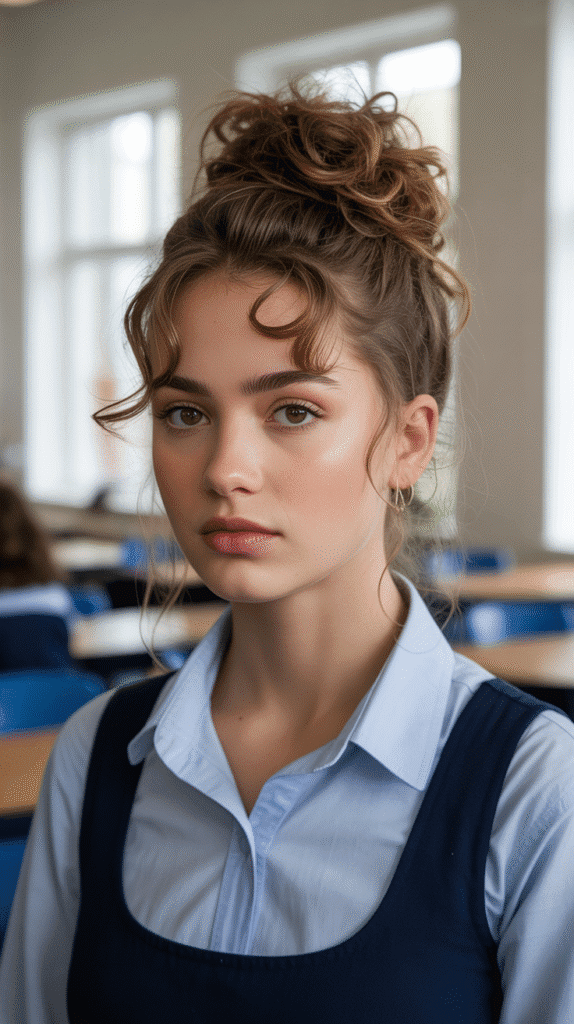 27 Easy Hairstyles for Long Hair for School That Are Cute and Quick 2 Messy Bun with Face-Framing Strands