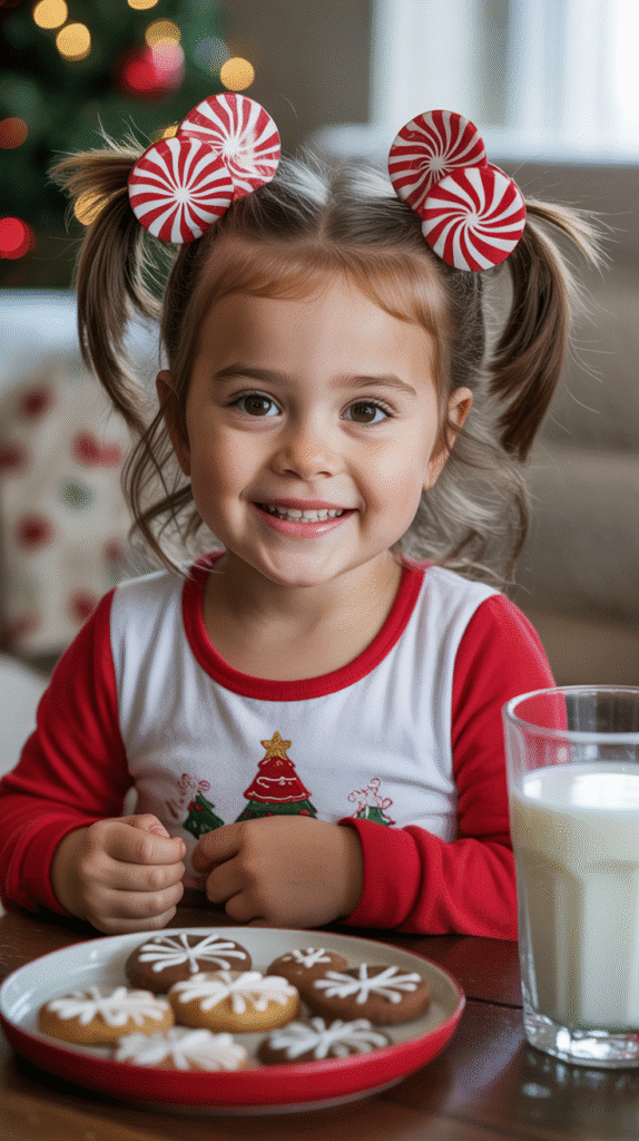 25 Easy Christmas Hairstyles for Kids You Can Do in Minutes 13 Low Pigtails with Peppermint Bows