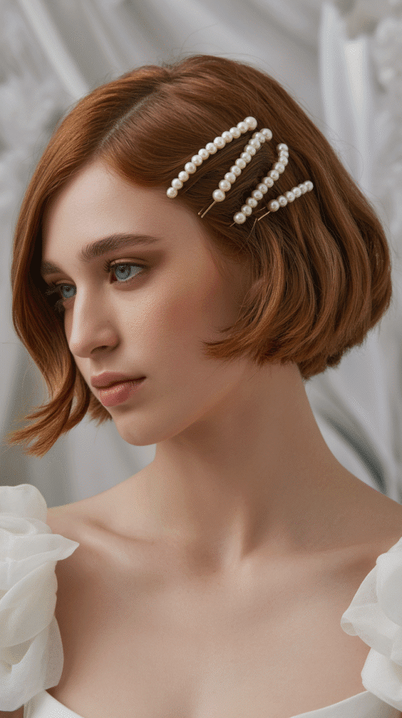 27 Whimsical Hairstyles for Short Hair That Feel Straight Out of a Fairytale 6 Asymmetrical Twist with Pearl Pins