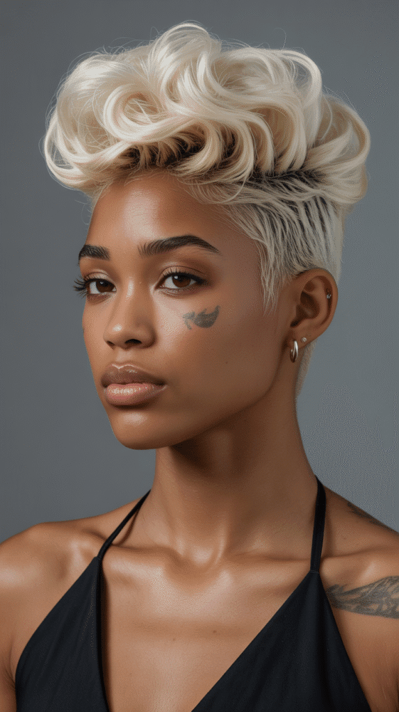 27 Elegant Blonde Prom Hairstyles for Black Women to Shine on Your Big Night 10 Platinum Blonde Faux Hawk with Shaved Sides