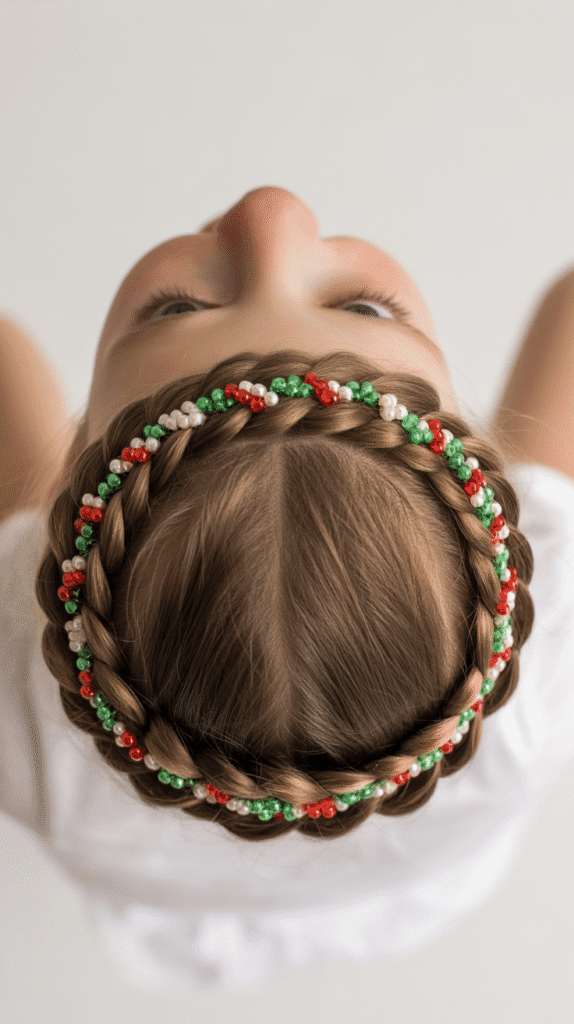 28 Fun Christmas Hairstyles for Kids with Beads Full of Holiday Spirit 14 Crown Braid with Alternating Bead Colors