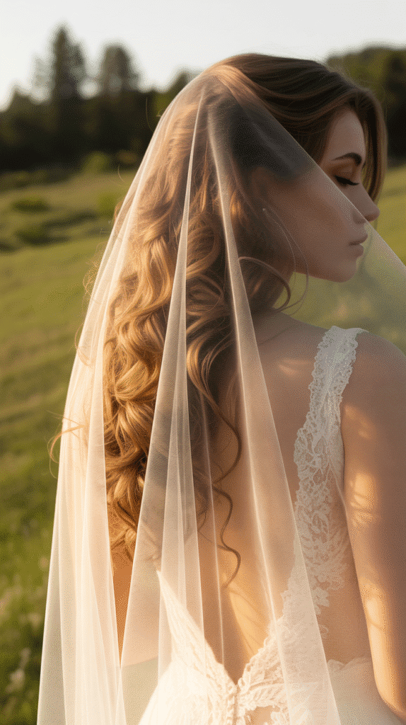 25 Romantic Whimsical Wedding Hairstyles for a Magical Bridal Look 19 Brushed-Out Curls with Hair Veil