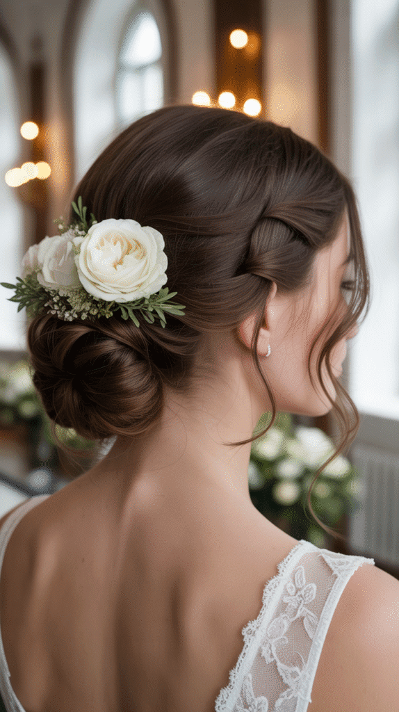 25 Romantic Whimsical Wedding Hairstyles for a Magical Bridal Look 4 Low Twisted Chignon with Floral Accents