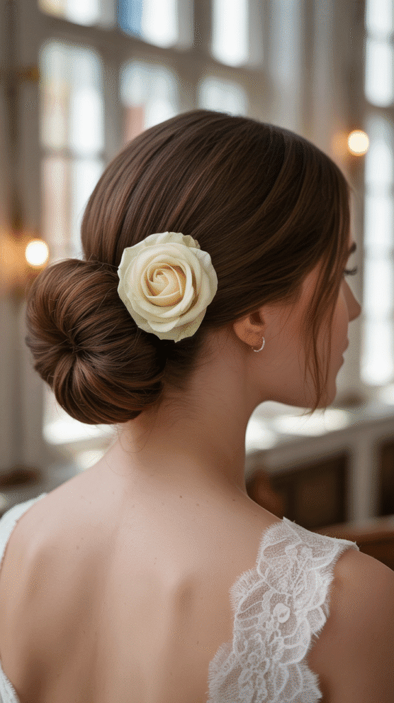 25 Romantic Whimsical Wedding Hairstyles for a Magical Bridal Look 14 Low Bun with Twisted Sides