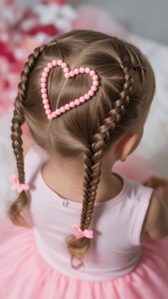33 Fun Braided Hairstyles for Kids with Beads 6 Heart-Shaped Braid Pattern with Pink Beads