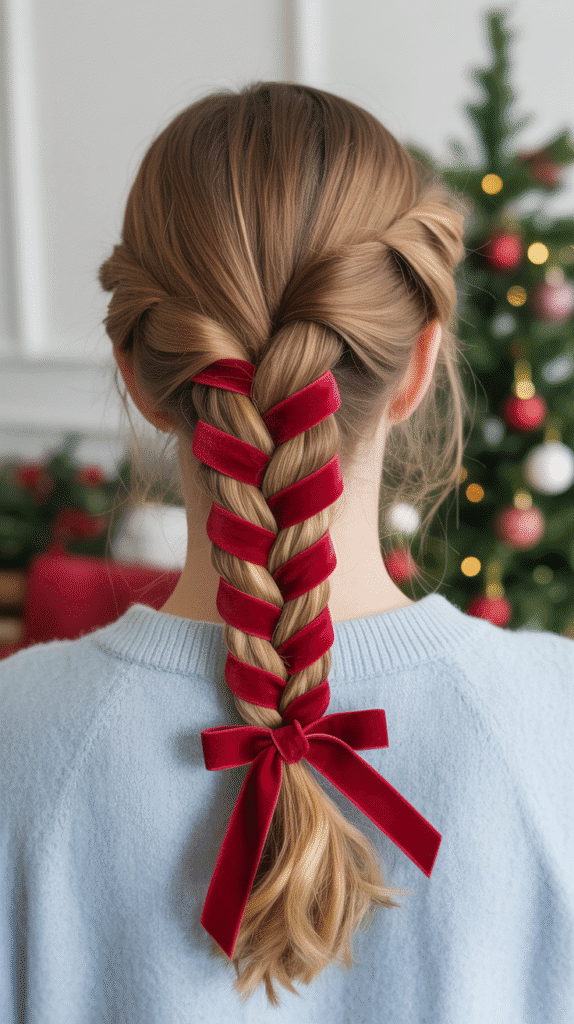 30 Cute Christmas Hairstyles for Girls Perfect for Holiday Parties 5 Dutch Braid with Ribbon Weave