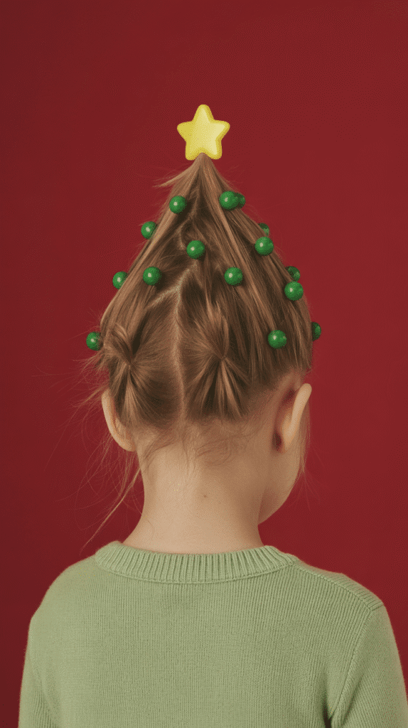 28 Fun Christmas Hairstyles for Kids with Beads Full of Holiday Spirit 6 Half-Up Christmas Tree Style with Green Beads