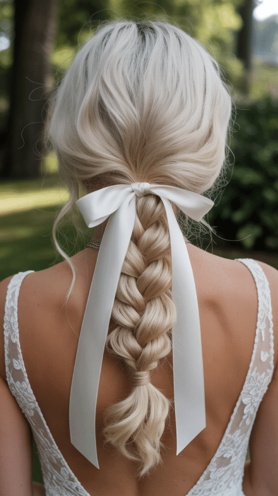 25 Romantic Whimsical Wedding Hairstyles for a Magical Bridal Look 7 Braided Low Ponytail with Ribbon