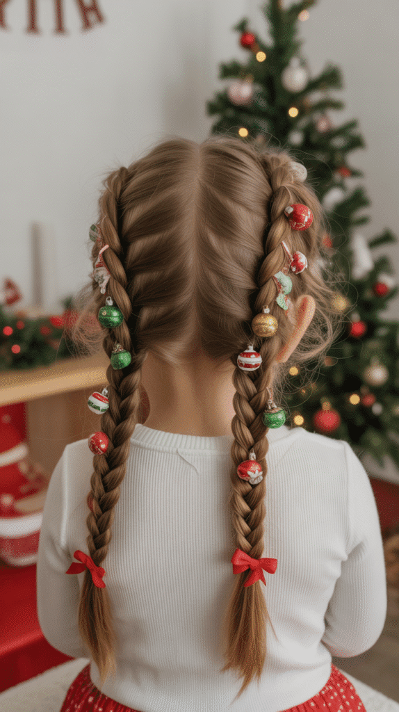25 Easy Christmas Hairstyles for Kids You Can Do in Minutes 5 Double Dutch Braids with Ornaments