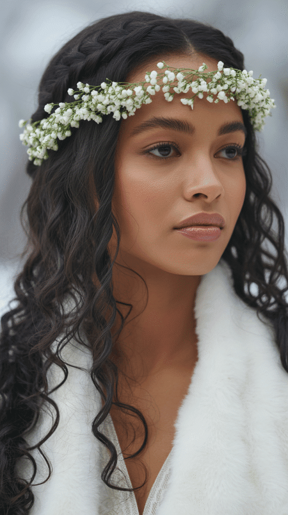 25 Breathtaking Winter Wedding Hairstyles for Black Brides 2 Crown Braid with Loose Curls