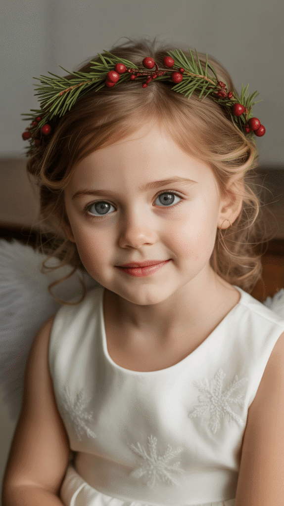 25 Easy Christmas Hairstyles for Kids You Can Do in Minutes 7 Twisted Crown with Greenery
