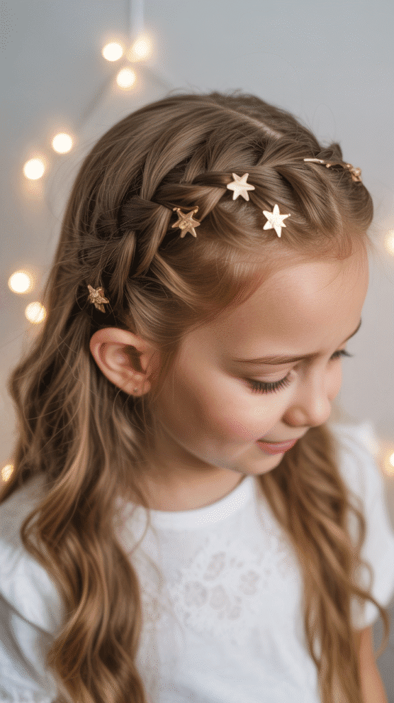 25 Easy Christmas Hairstyles for Kids You Can Do in Minutes 14 Waterfall Braid with Star Clips
