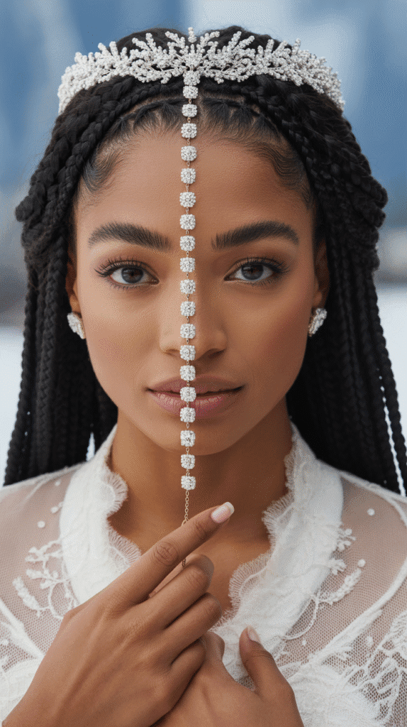 25 Breathtaking Winter Wedding Hairstyles for Black Brides 9 Braided Crown with Jeweled Center Part