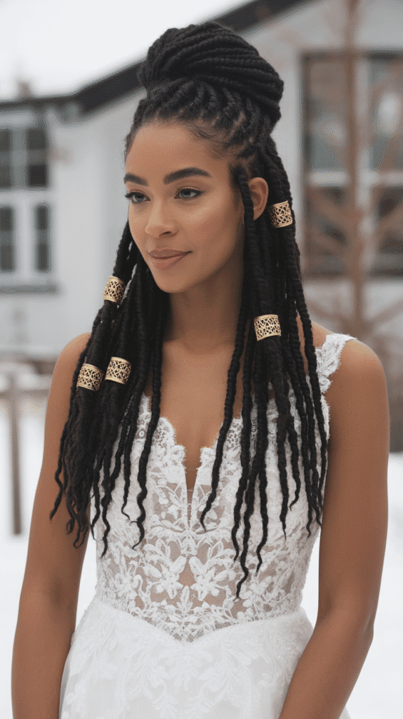 25 Breathtaking Winter Wedding Hairstyles for Black Brides 4 Faux Locs Half-Up Half-Down Style