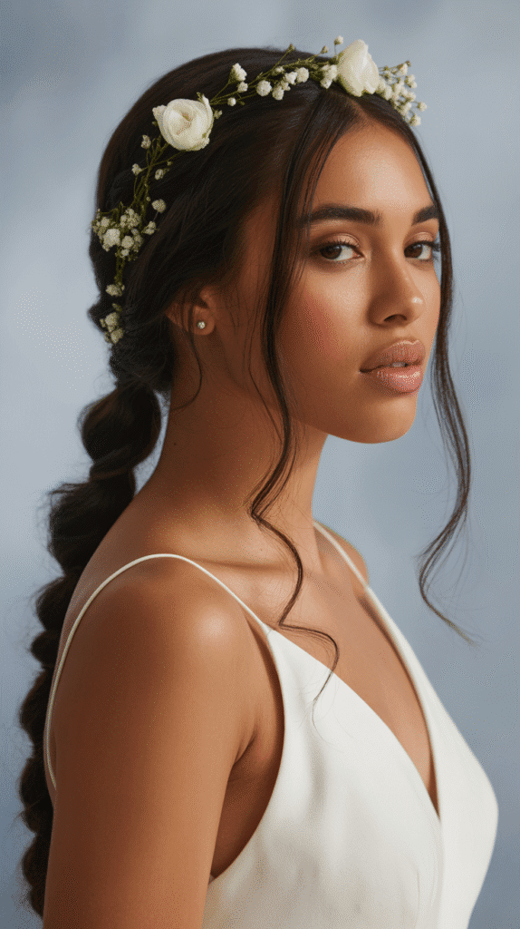 25 Breathtaking Winter Wedding Hairstyles for Black Brides 22 Halo Braid with Loose Ends