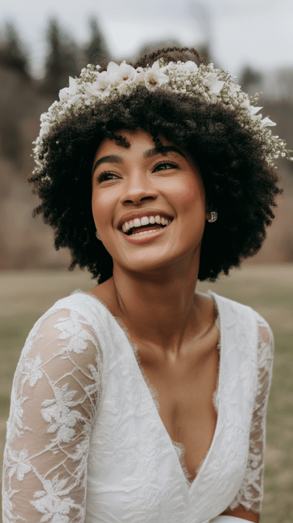 25 Breathtaking Winter Wedding Hairstyles for Black Brides 12 Afro Puff with Floral Crown
