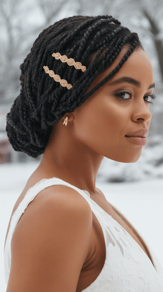 25 Breathtaking Winter Wedding Hairstyles for Black Brides 10 Senegalese Twist Bun