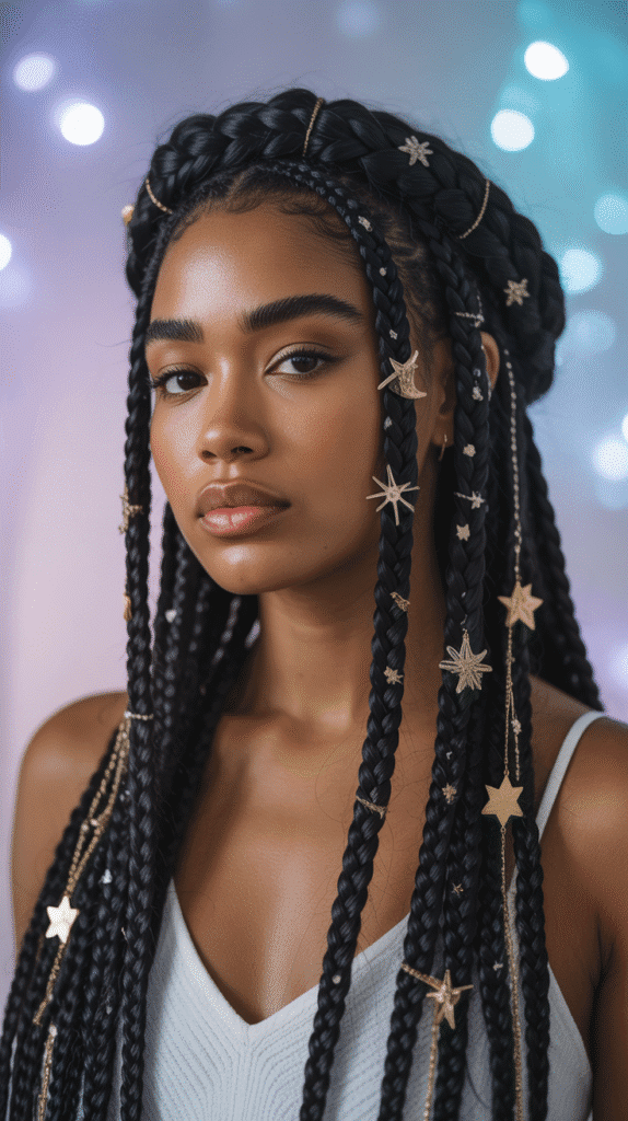 28 Gorgeous Whimsical Hairstyles for Black Women Full of Fantasy Vibes 2  Celestial Braided Crown with Star Accessories