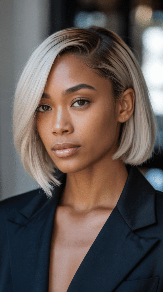 27 Short Blonde Hairstyles for Black Women That Are Totally Trendy 19 Ash Blonde Side-Parted Bob