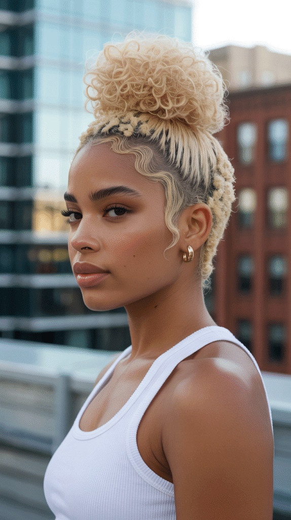 25 Blonde Crimped Hairstyles for Black Women That Stand Out 12 Crimped Blonde Top Knot