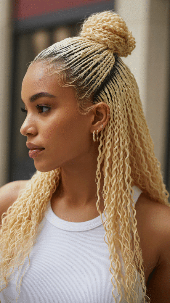 25 Blonde Crimped Hairstyles for Black Women That Stand Out 3 Half-Up Half-Down Crimped Style