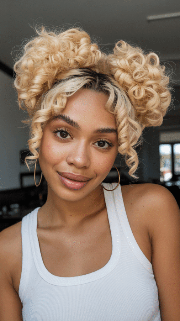 30 Curly Blonde Hairstyles for Black Women That Bring Volume & Bounce 29 Blonde Curly Space Buns