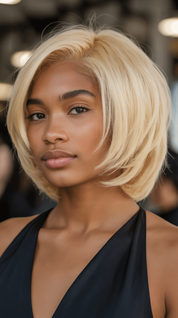 27 Short Blonde Hairstyles for Black Women That Are Totally Trendy 7 Butter Blonde Stacked Bob