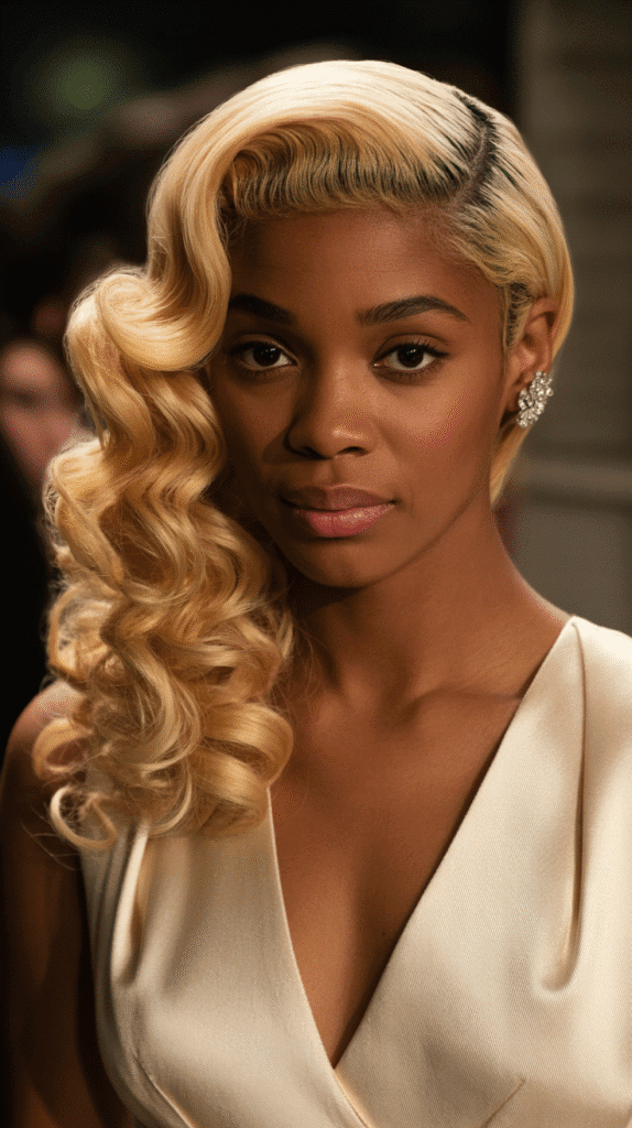 26 Cute Blonde Pin-Up Hairstyles for Black Women With Vintage Vibes 19 Side Part Curls With Butter Pecan Blonde