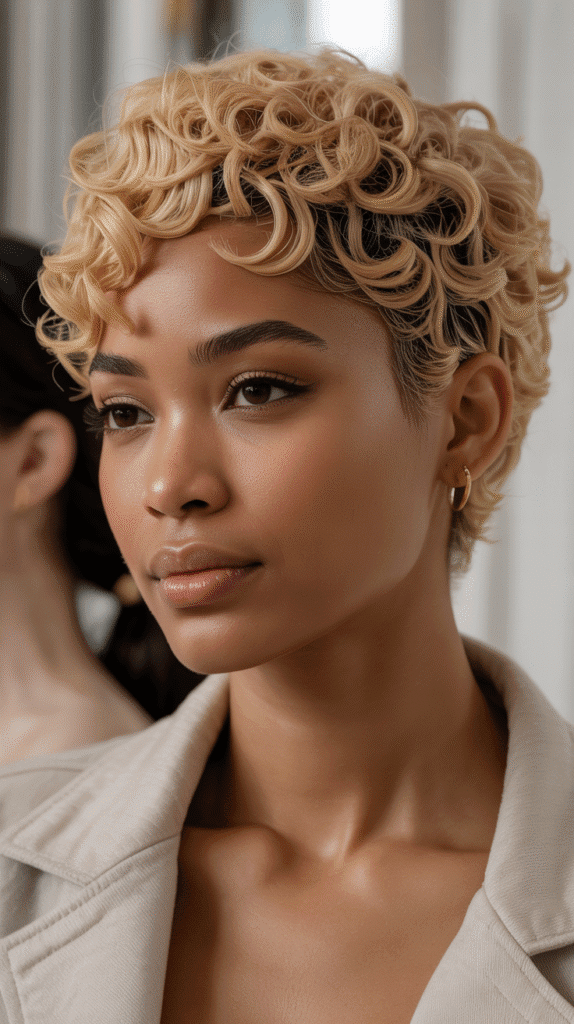 27 Short Blonde Hairstyles for Black Women That Are Totally Trendy 4 Champagne Blonde Curly Pixie