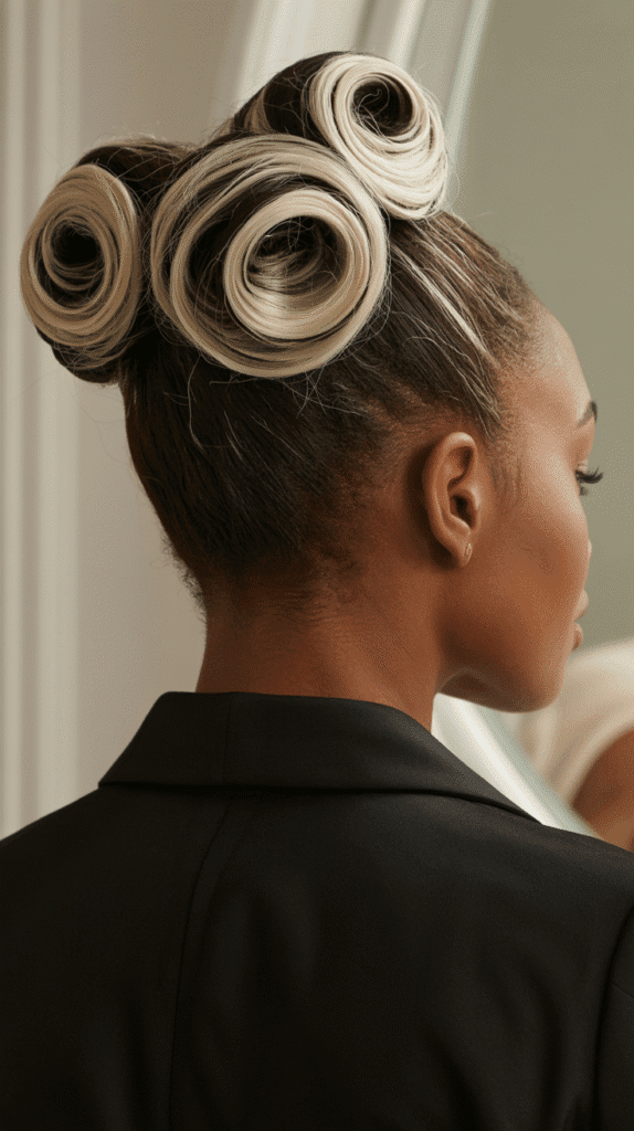 26 Cute Blonde Pin-Up Hairstyles for Black Women With Vintage Vibes 9 Double Roll Updo With Platinum Highlights