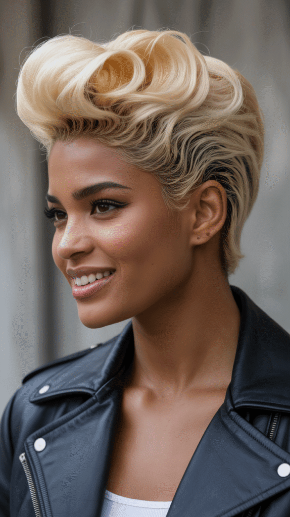 26 Cute Blonde Pin-Up Hairstyles for Black Women With Vintage Vibes 7 Pompadour Style With Ash Blonde