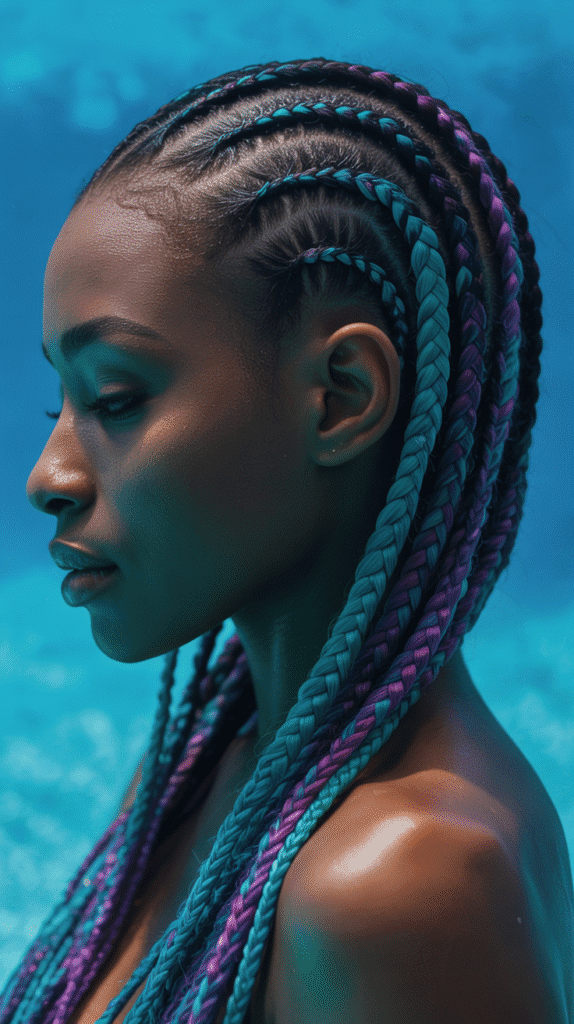 28 Gorgeous Whimsical Hairstyles for Black Women Full of Fantasy Vibes 3 Mermaid-Inspired Teal and Purple Cornrows