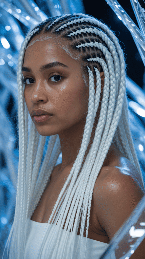28 Gorgeous Whimsical Hairstyles for Black Women Full of Fantasy Vibes 21 Ice Queen White and Silver Cornrows
