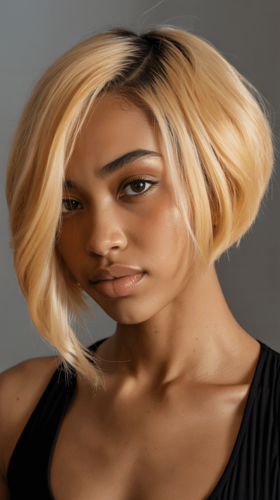 27 Short Blonde Hairstyles for Black Women That Are Totally Trendy 5 Golden Blonde Asymmetrical Bob