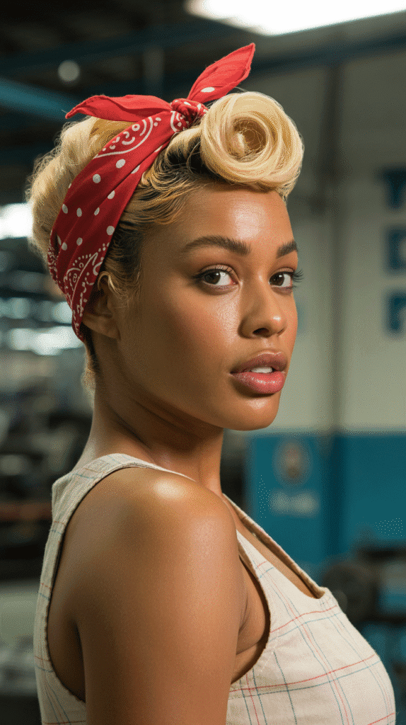 26 Cute Blonde Pin-Up Hairstyles for Black Women With Vintage Vibes 4 Bandana Updo With Golden Blonde