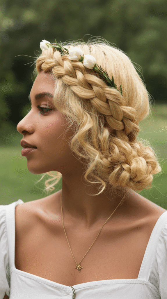 26 Cute Blonde Pin-Up Hairstyles for Black Women With Vintage Vibes 13 Braided Crown With Golden Accents