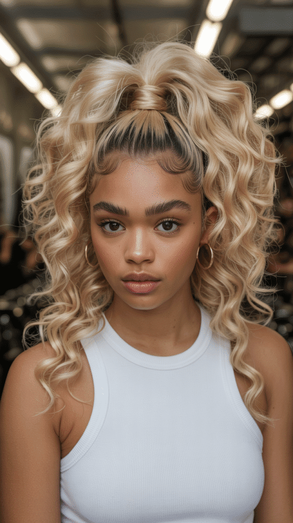 30 Curly Blonde Hairstyles for Black Women That Bring Volume & Bounce 5 Champagne Blonde Curly Ponytail