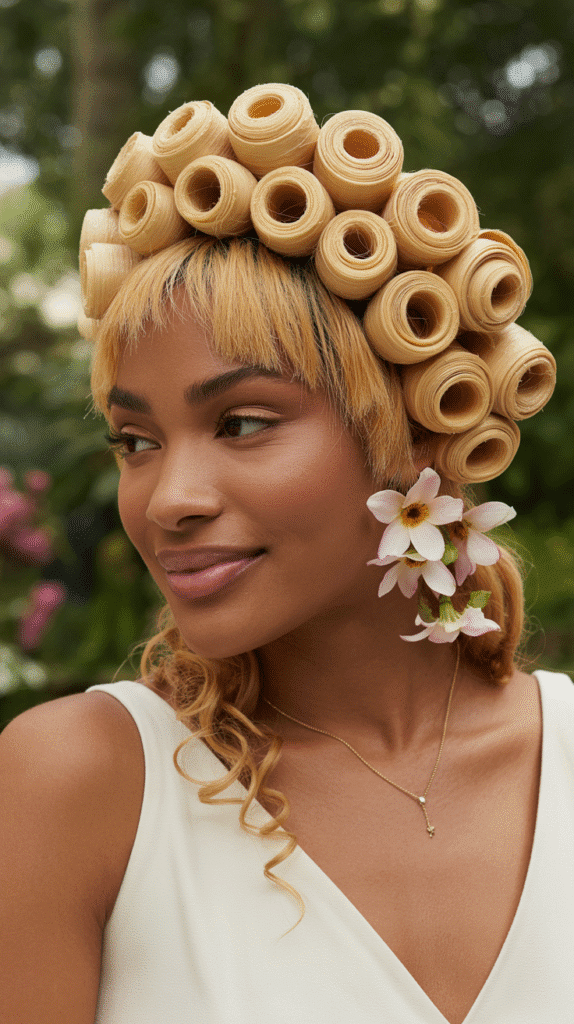 26 Cute Blonde Pin-Up Hairstyles for Black Women With Vintage Vibes 11 Rolled Crown With Honey Butter Blonde