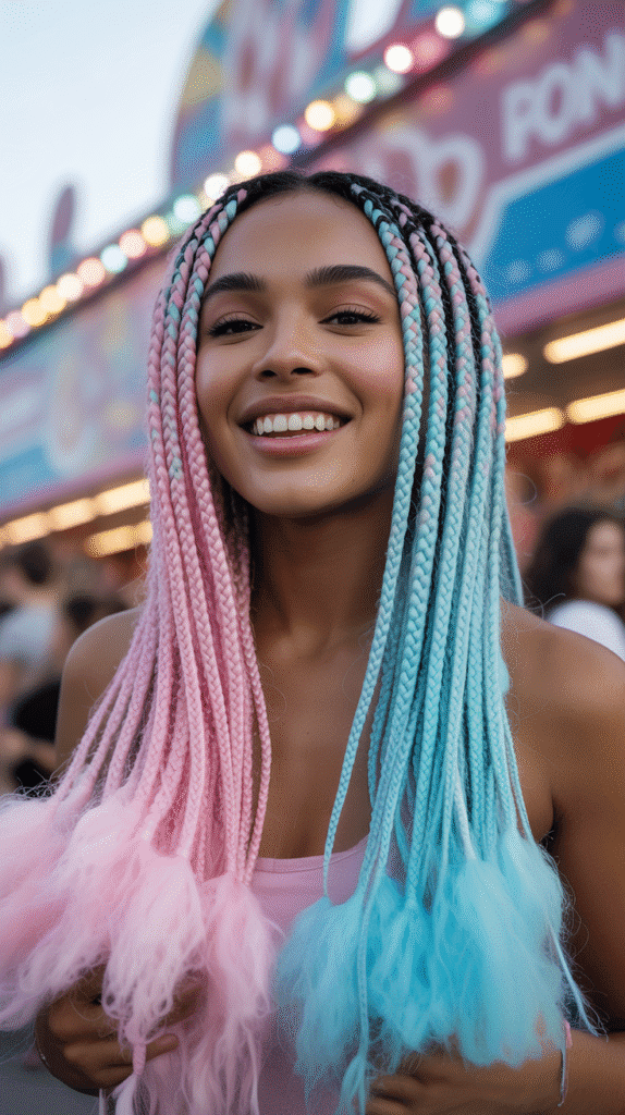 28 Gorgeous Whimsical Hairstyles for Black Women Full of Fantasy Vibes 20 Cotton Candy Pink and Blue Box Braids