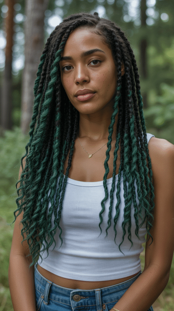 28 Gorgeous Whimsical Hairstyles for Black Women Full of Fantasy Vibes 9 Enchanted Forest Green Ombre Twists