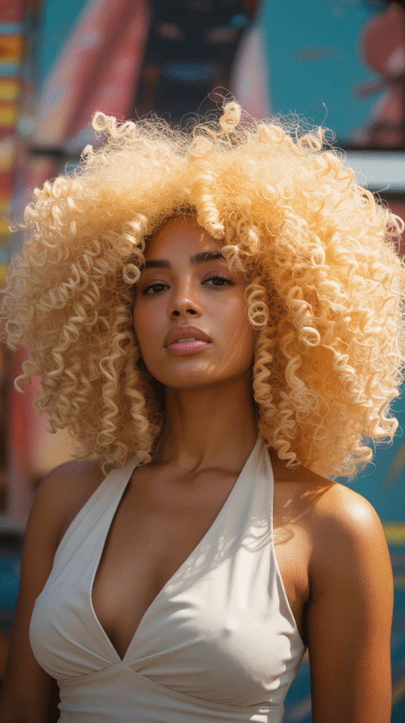 25 Blonde Crimped Hairstyles for Black Women That Stand Out 8 Voluminous Crimped Blonde Afro