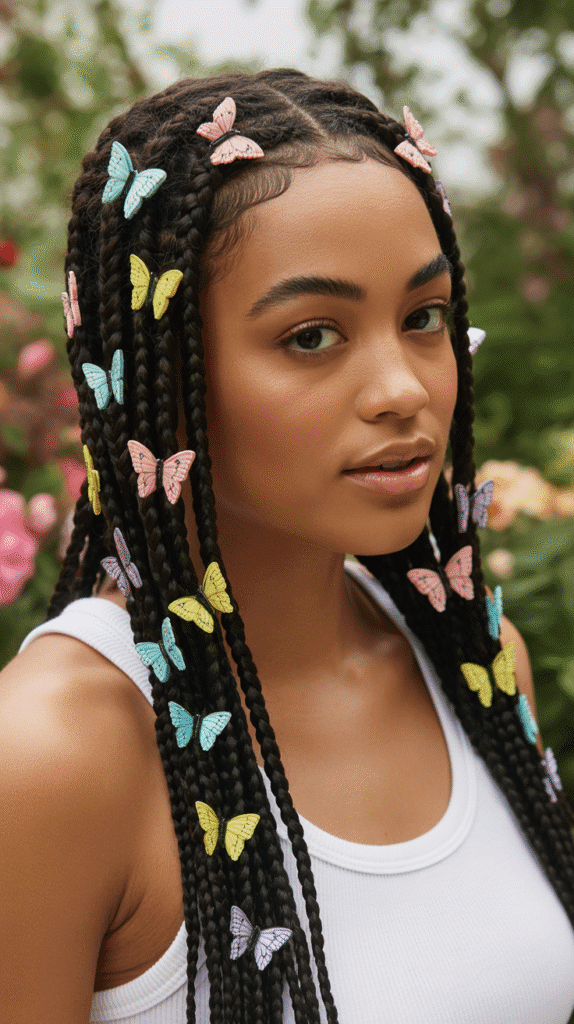 28 Gorgeous Whimsical Hairstyles for Black Women Full of Fantasy Vibes 24  Fairy Knotless Braids with Butterfly Clips