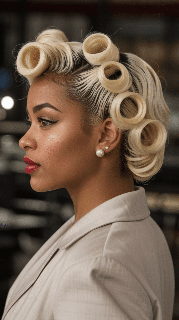 26 Cute Blonde Pin-Up Hairstyles for Black Women With Vintage Vibes 1 Classic Victory Rolls With Platinum Blonde