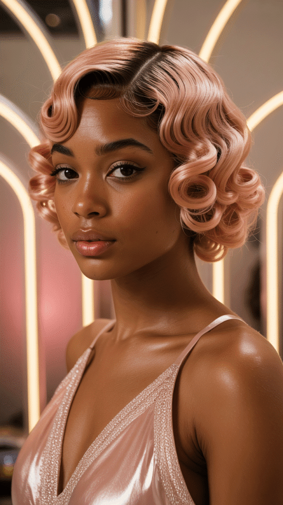 26 Cute Blonde Pin-Up Hairstyles for Black Women With Vintage Vibes 6 Pin Curl Bob With Rose Gold Blonde