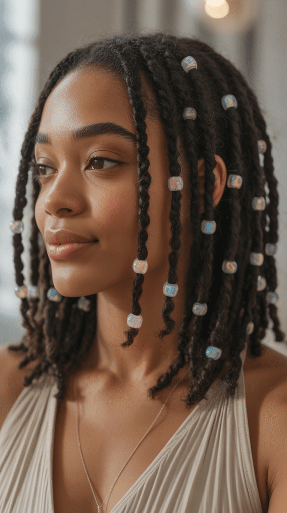 28 Gorgeous Whimsical Hairstyles for Black Women Full of Fantasy Vibes 4 Butterfly Locs with Iridescent Beads