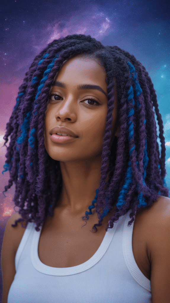 28 Gorgeous Whimsical Hairstyles for Black Women Full of Fantasy Vibes 18 Galactic Purple and Blue Passion Twists