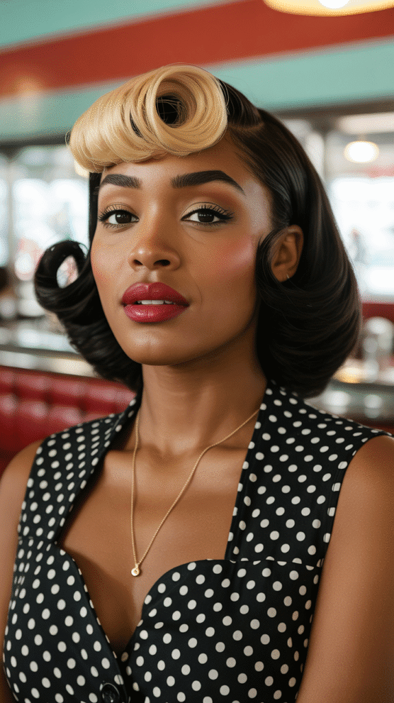 26 Cute Blonde Pin-Up Hairstyles for Black Women With Vintage Vibes 15 Swooped Bangs With Strawberry Blonde